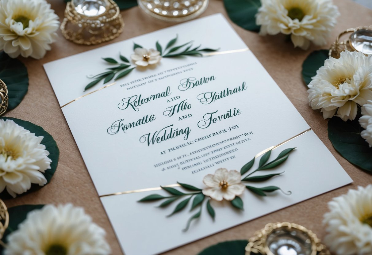 A formal wedding invitation with two names written in elegant calligraphy, surrounded by decorative elements and floral designs