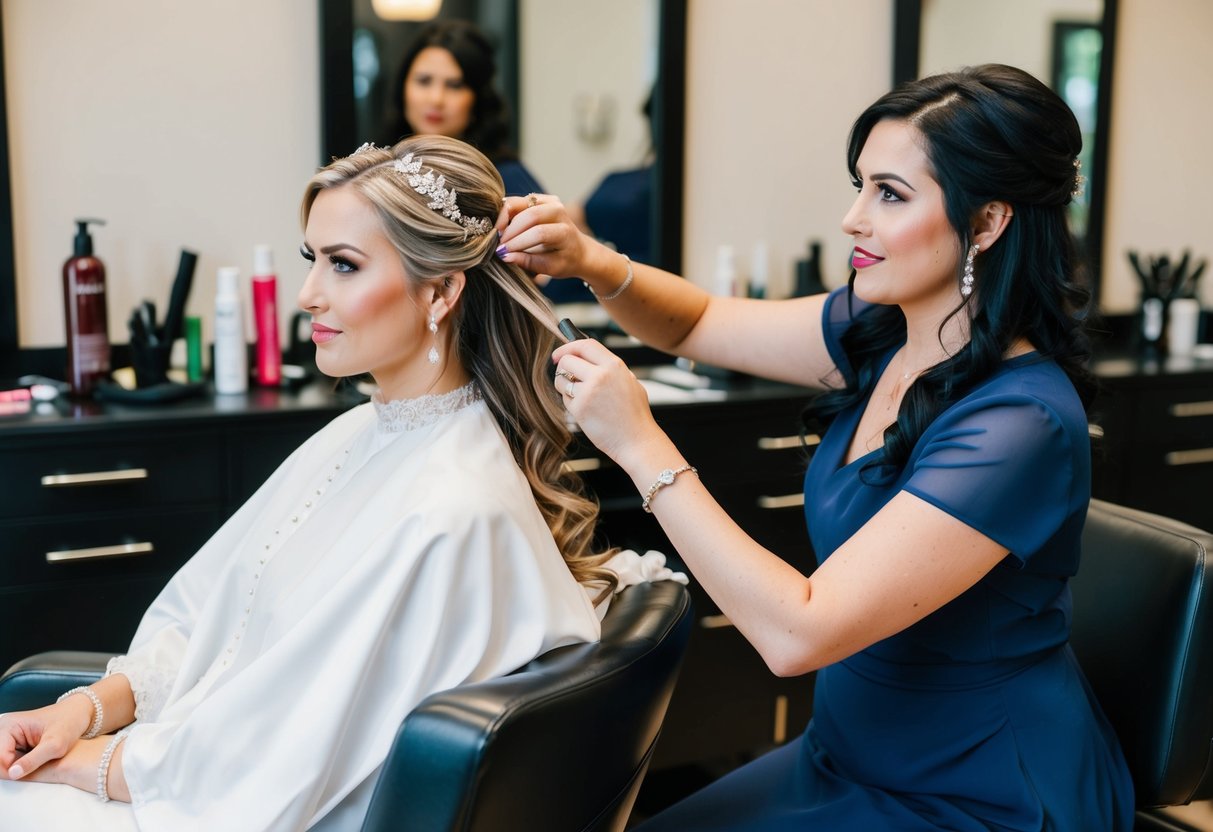 A bride sits in a salon chair, surrounded by hairstyling tools and products. The hairstylist works on her hair, creating an elegant wedding hairstyle