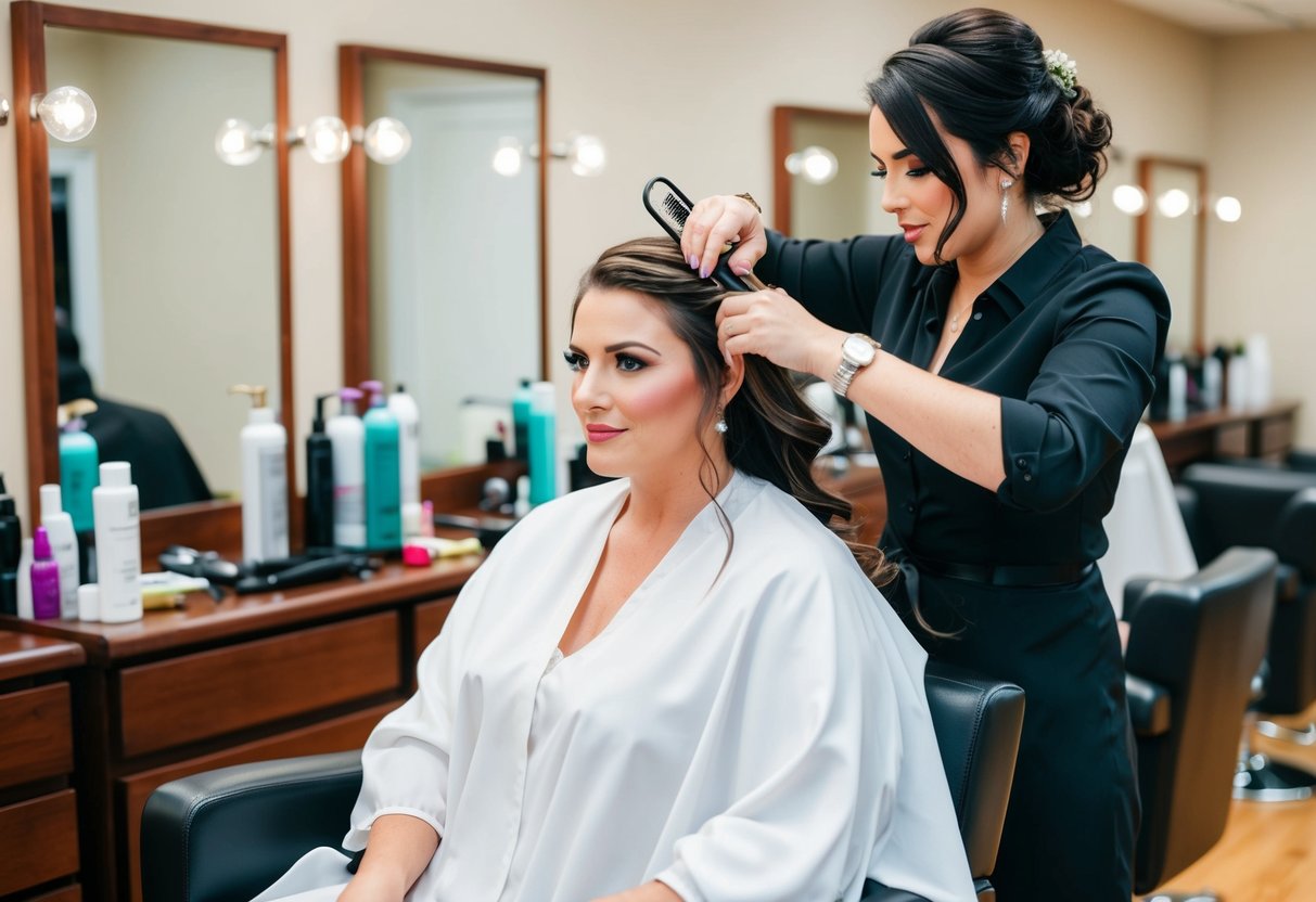 A bride sits in a salon chair, surrounded by hair products and tools, as a stylist works on her hair, preparing it for her upcoming wedding