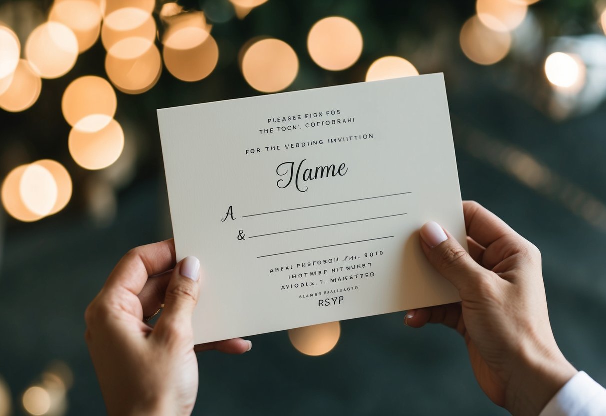 A hand holding a blank wedding invitation with space for names