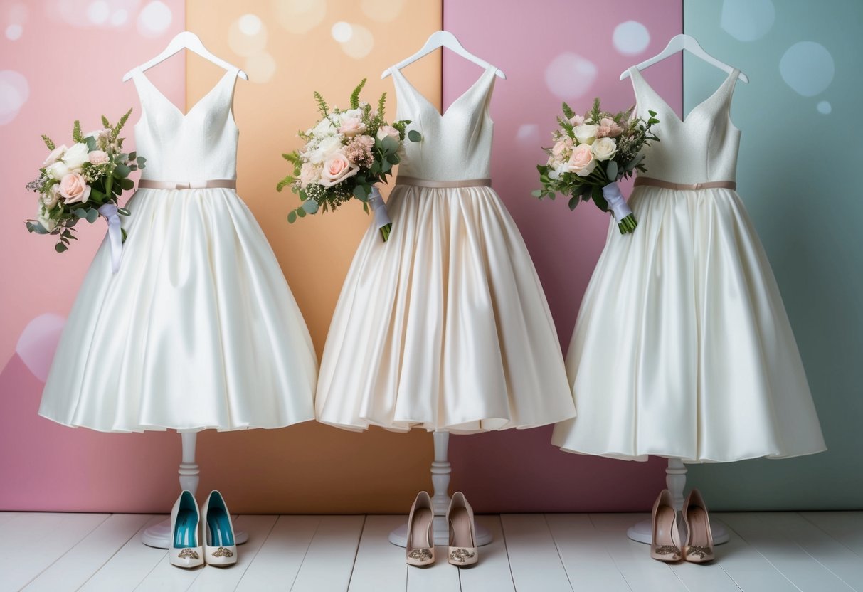 Three elegant dresses arranged in a row, each with a matching bouquet and pair of shoes, set against a backdrop of soft pastel colors