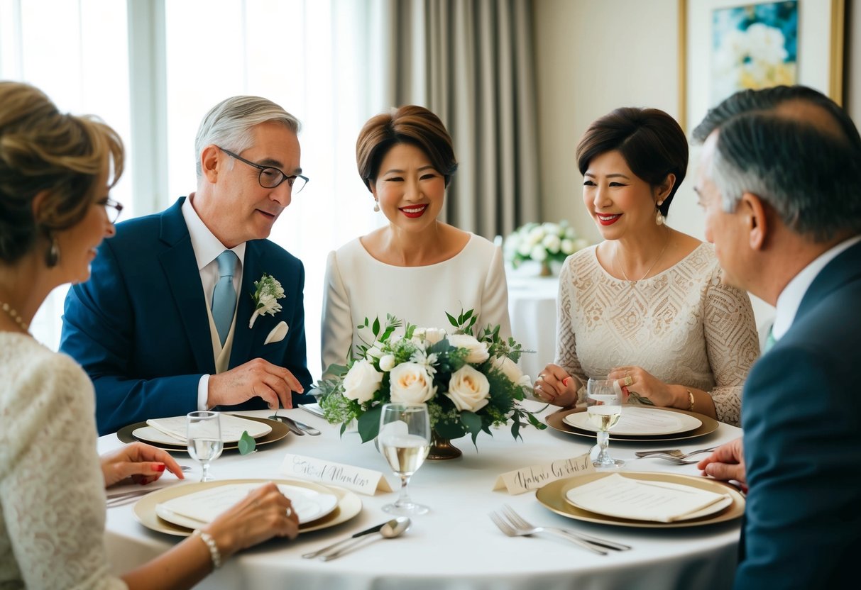 A family gathering with a table set for a wedding. Two sets of parents are discussing the order of names on the invitation
