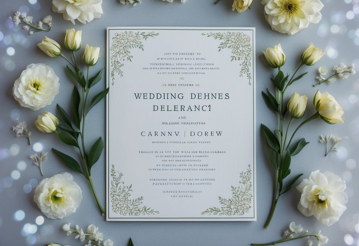 A wedding invitation with two elegant names arranged in a formal and balanced manner, surrounded by delicate floral designs and ornate borders