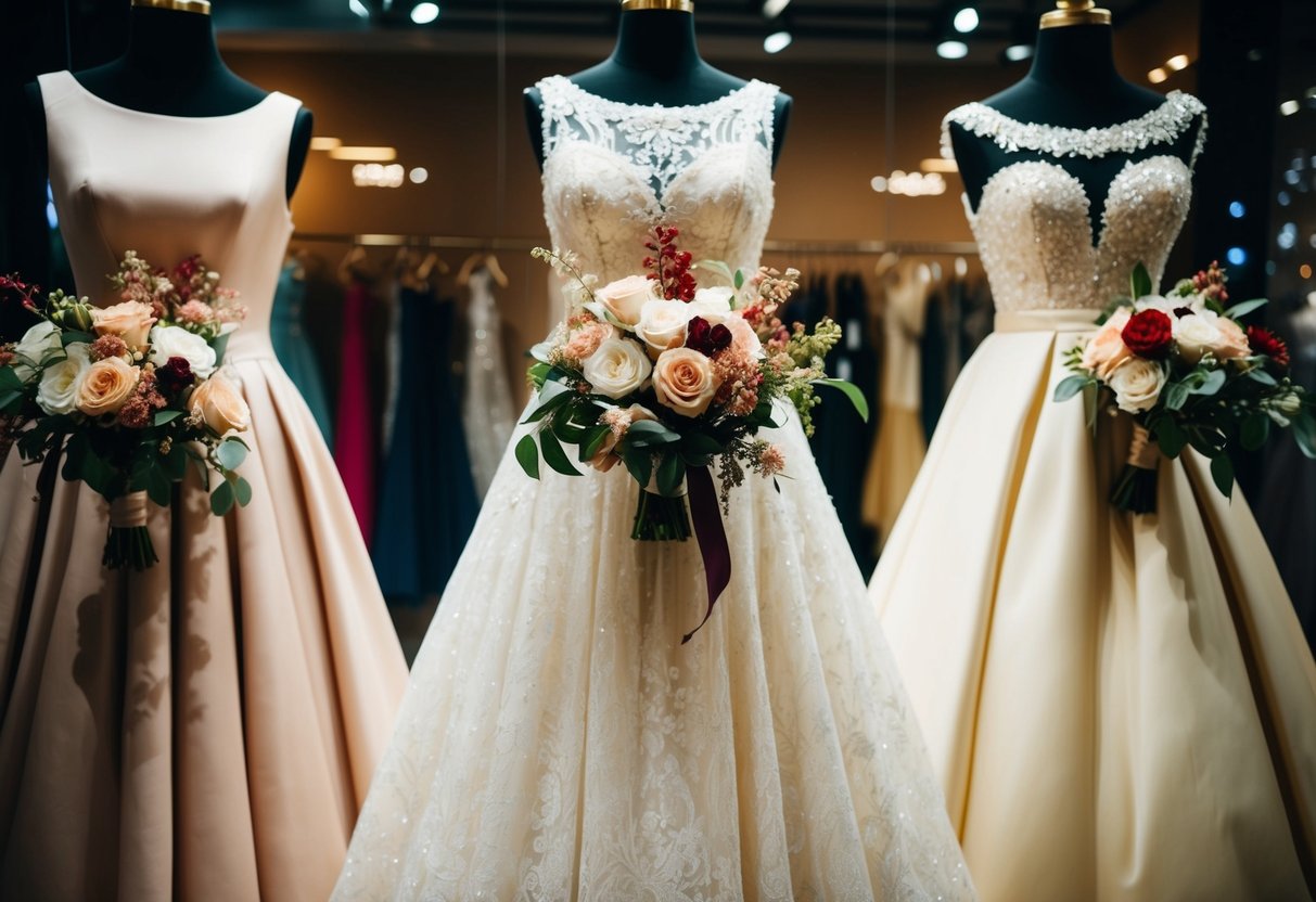 Three elegant dresses on display, each with a unique bouquet