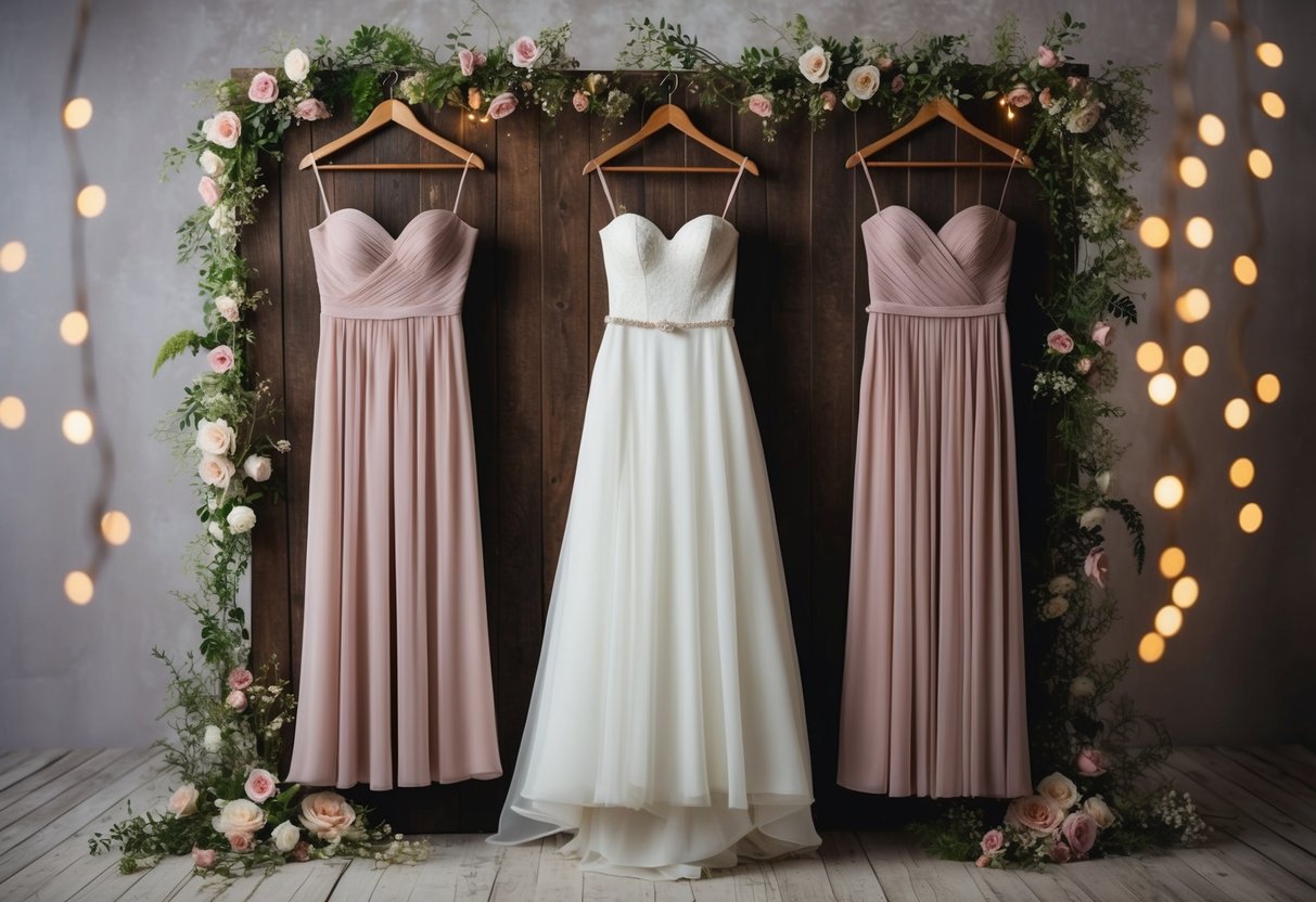 Three elegant bridesmaid dresses hanging on a rustic wooden backdrop, surrounded by delicate floral arrangements and twinkling fairy lights