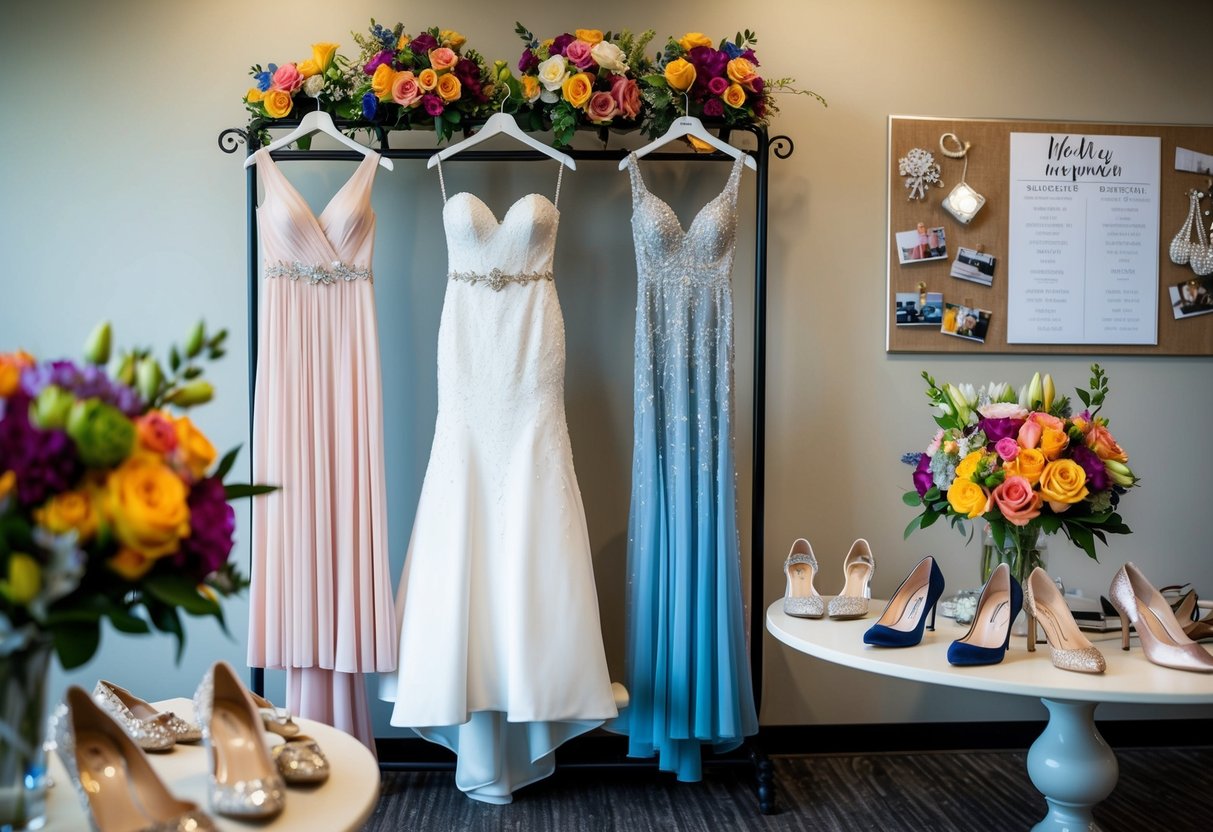 Three elegant dresses hanging on a rack, surrounded by colorful flower bouquets and sparkling jewelry. A table displays a variety of shoe options, while a mood board with wedding inspiration is pinned to the wall