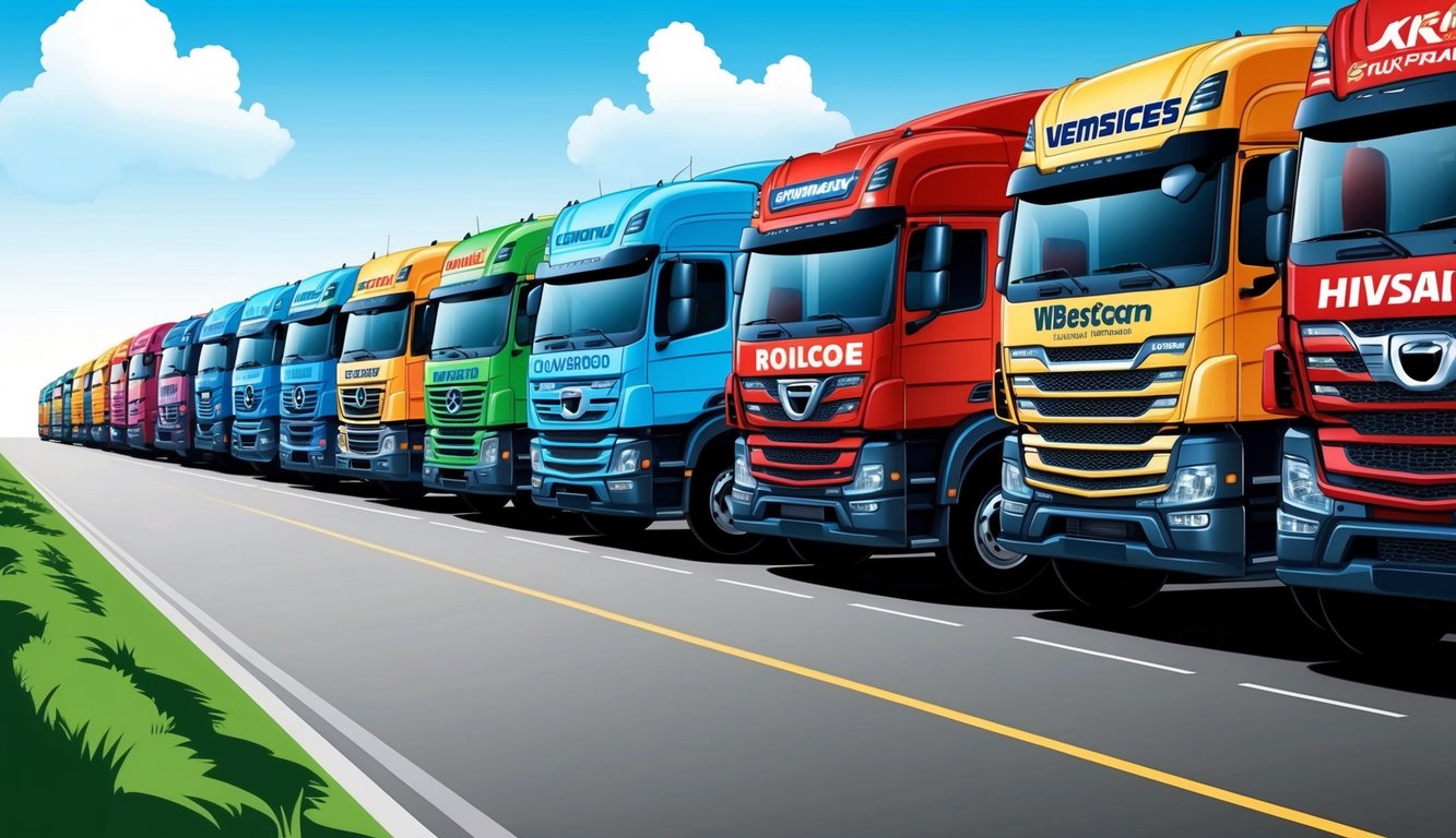 A convoy of powerful trucks lined up, each bearing a unique and catchy company name