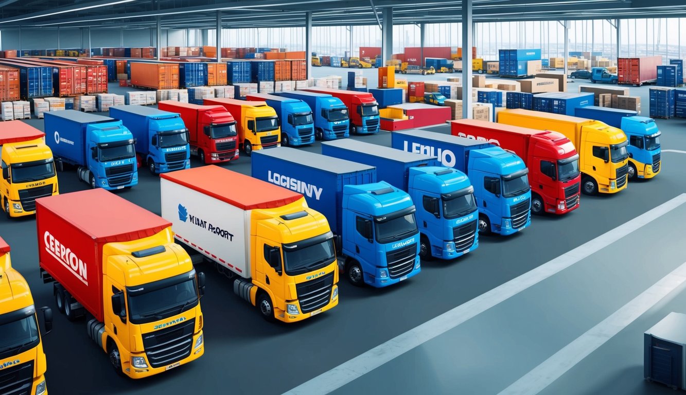 A fleet of colorful trucks lined up with bold company names on their sides, surrounded by a bustling logistics center