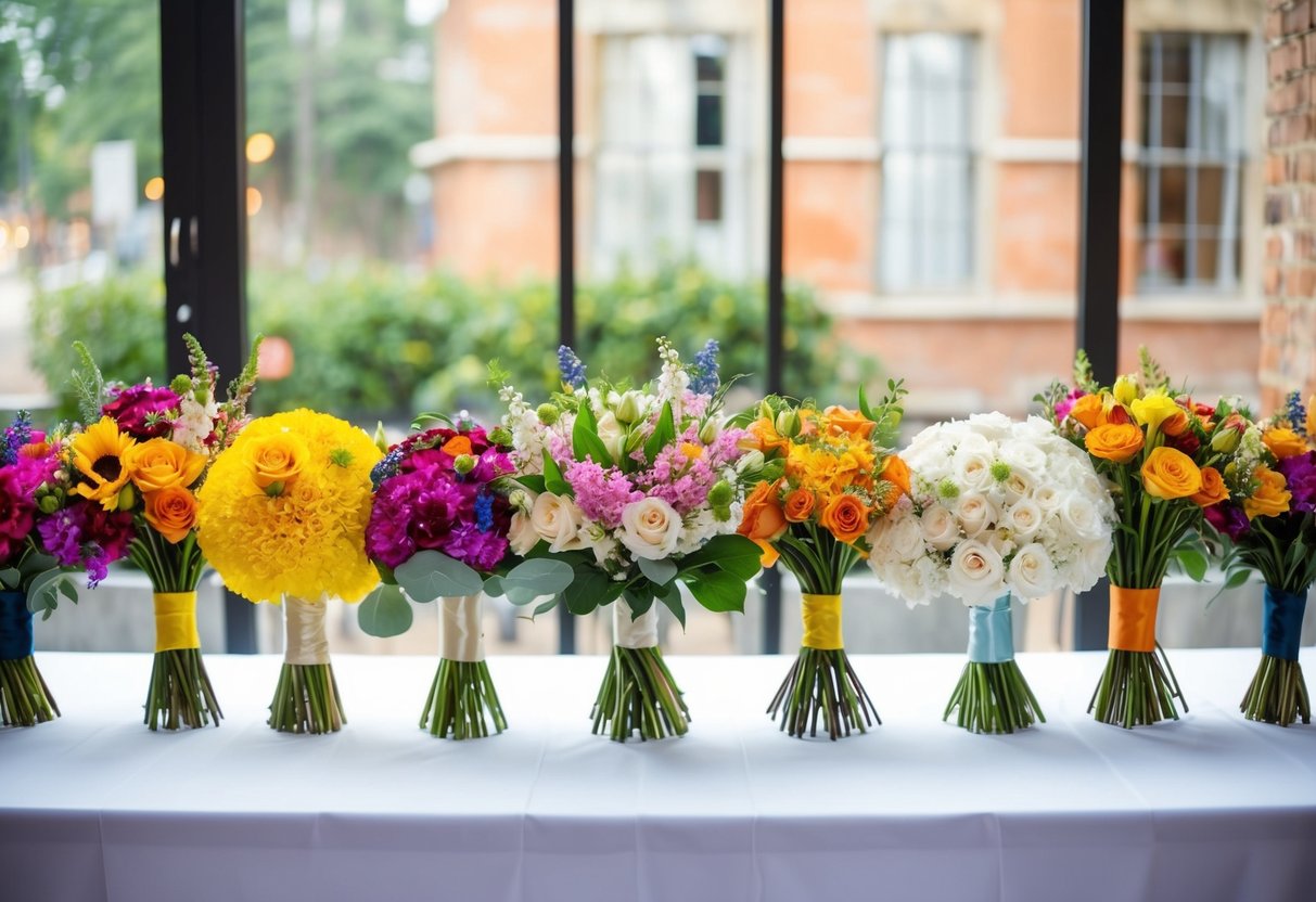 Eight colorful bouquets arranged in a row on a table, each with a different style and size, ready for a wedding