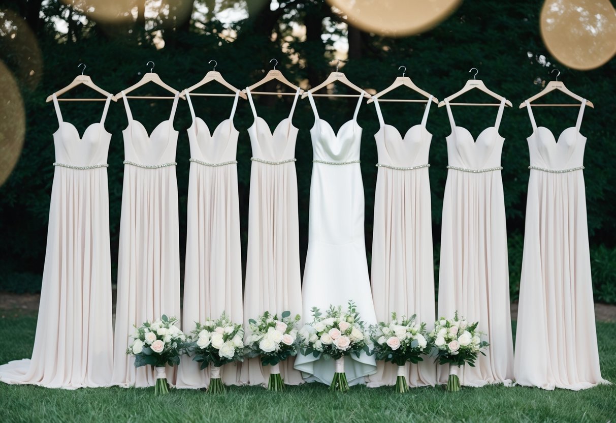 A group of eight identical dresses hanging on individual hangers, arranged neatly in a row, with matching bouquets laid out in front of them