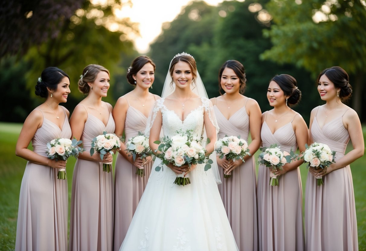A bride surrounded by eight bridesmaids in matching dresses, holding bouquets, standing in a line