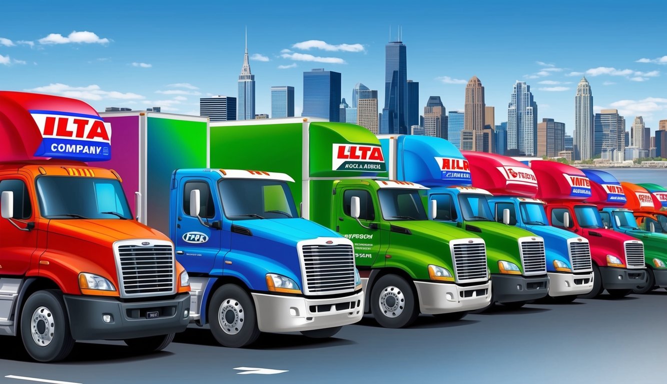 A row of colorful trucks parked in front of a city skyline, with bold company names emblazoned on their sides