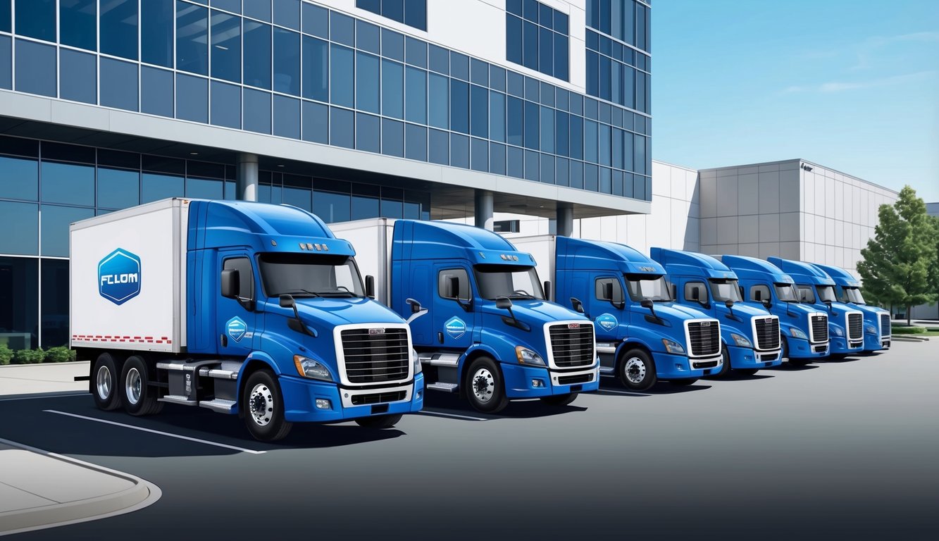 A lineup of powerful, sleek trucks parked in front of a modern office building, with the company logo displayed prominently on the side of each vehicle