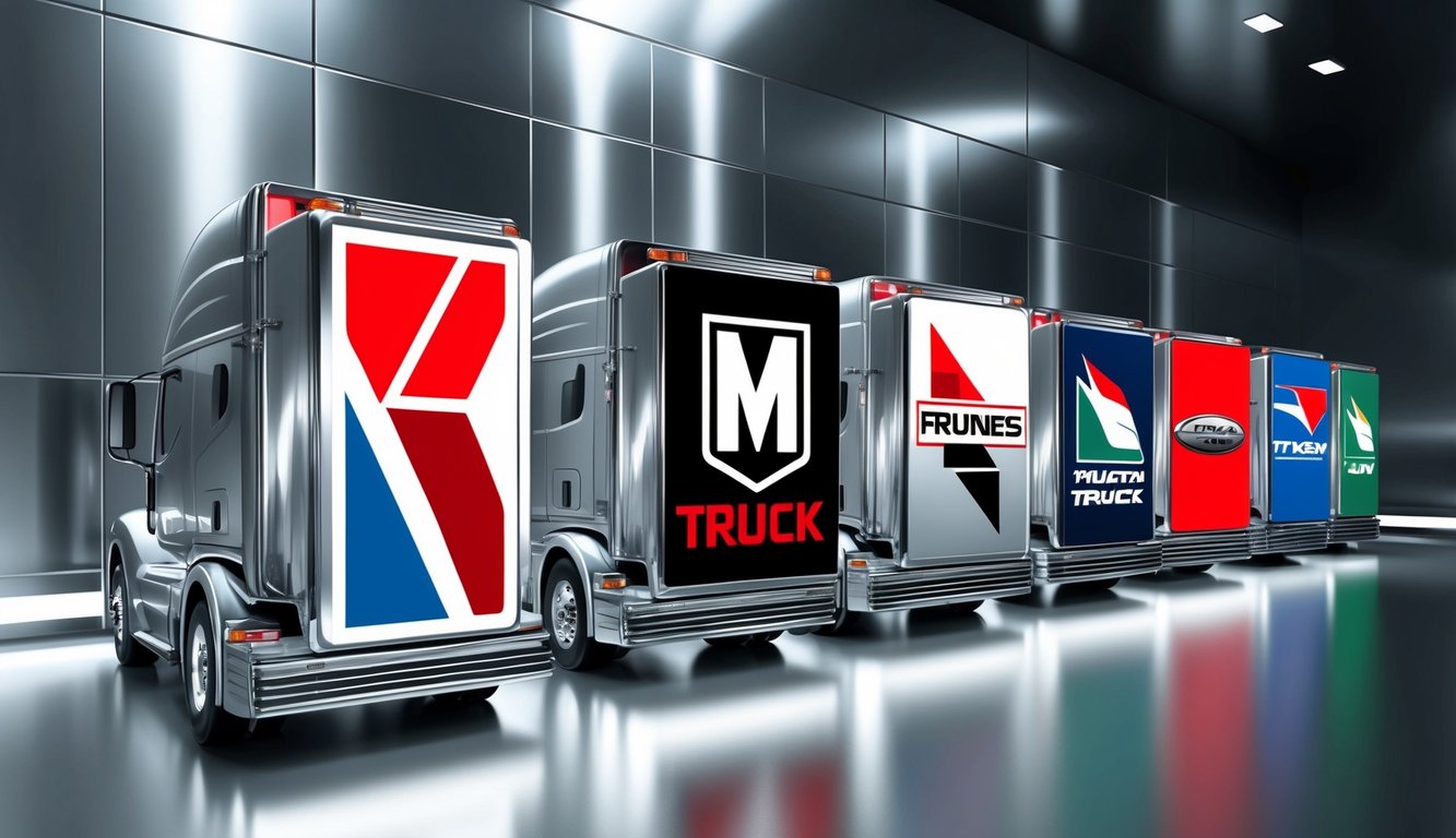 A row of bold, modern truck logos displayed on a sleek, metallic backdrop