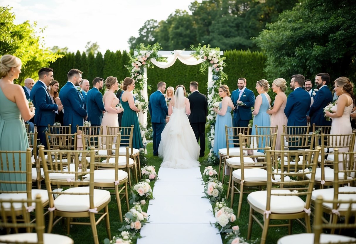 A bustling outdoor wedding with rows of chairs and a decorated archway, surrounded by greenery and flowers