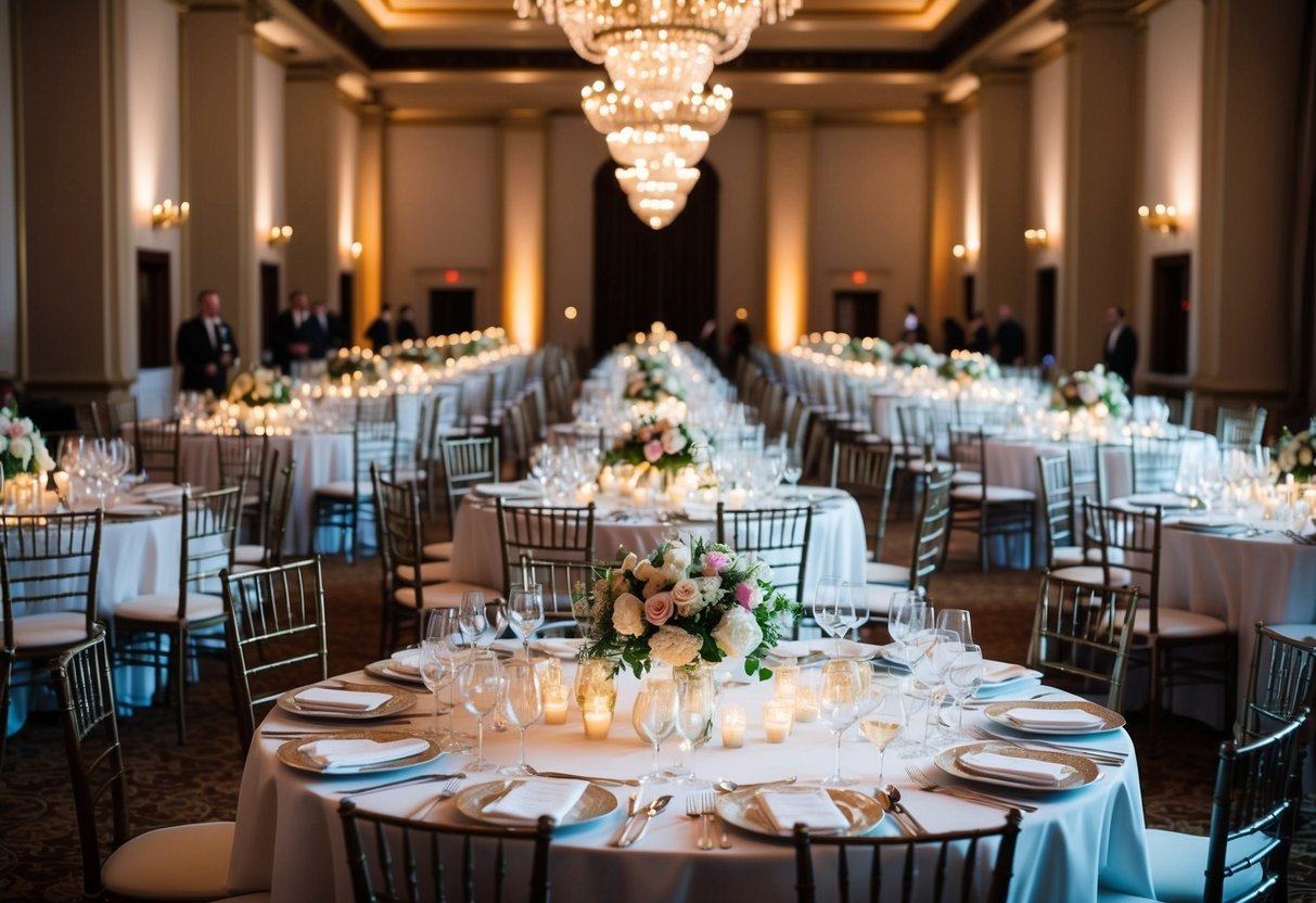 A grand banquet hall with rows of elegantly set tables, adorned with floral centerpieces and sparkling candlelight, awaits the arrival of 200 guests for a lavish wedding celebration