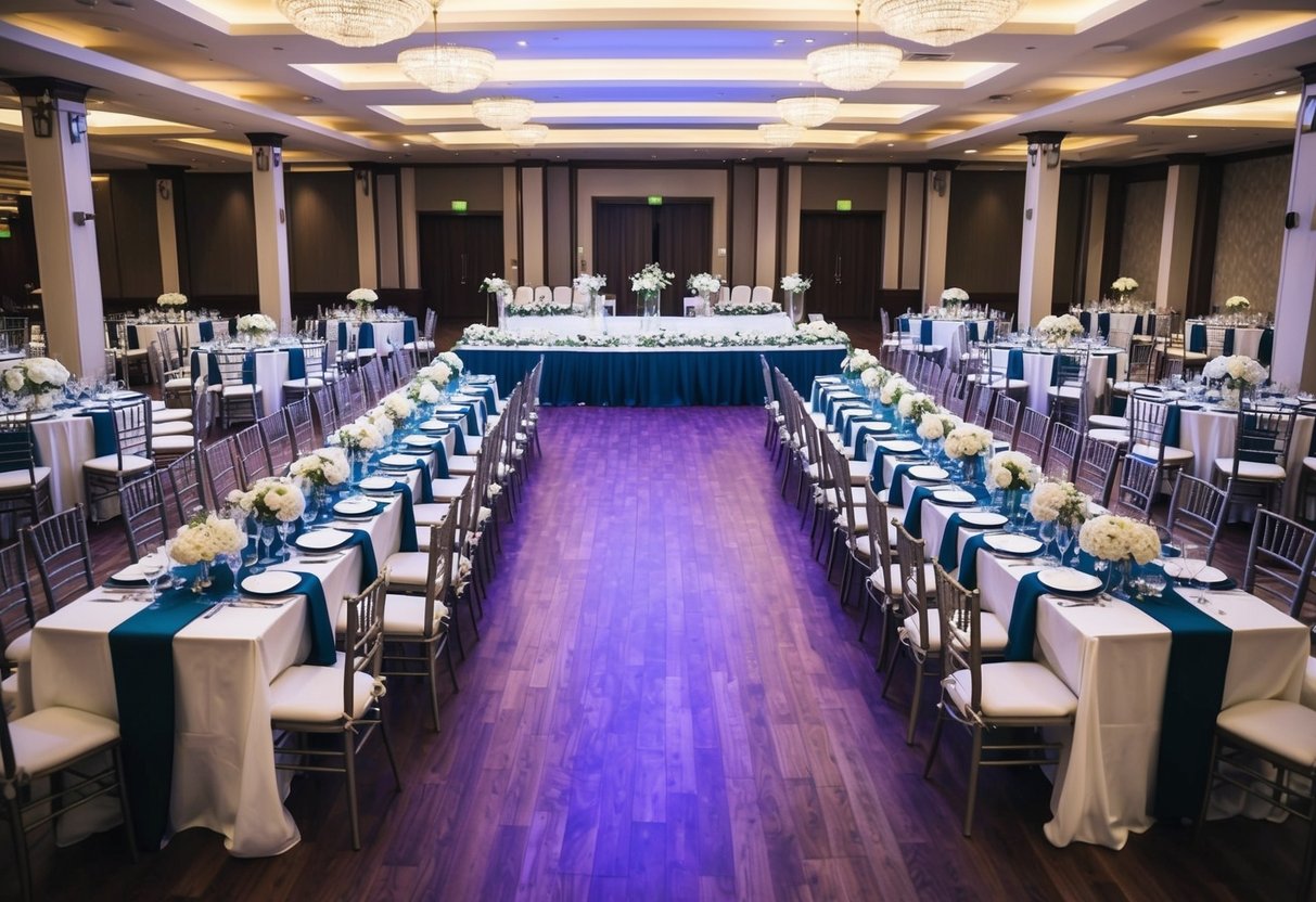 A large banquet hall with rows of tables and chairs set for 200 guests, adorned with elegant decor and a dance floor in the center