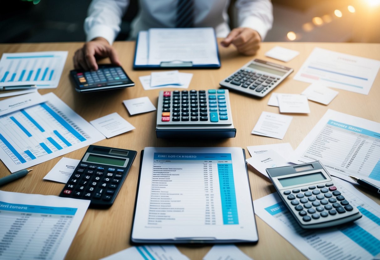 A table filled with spreadsheets and calculators, surrounded by scattered wedding invitations and a long list of potential guests