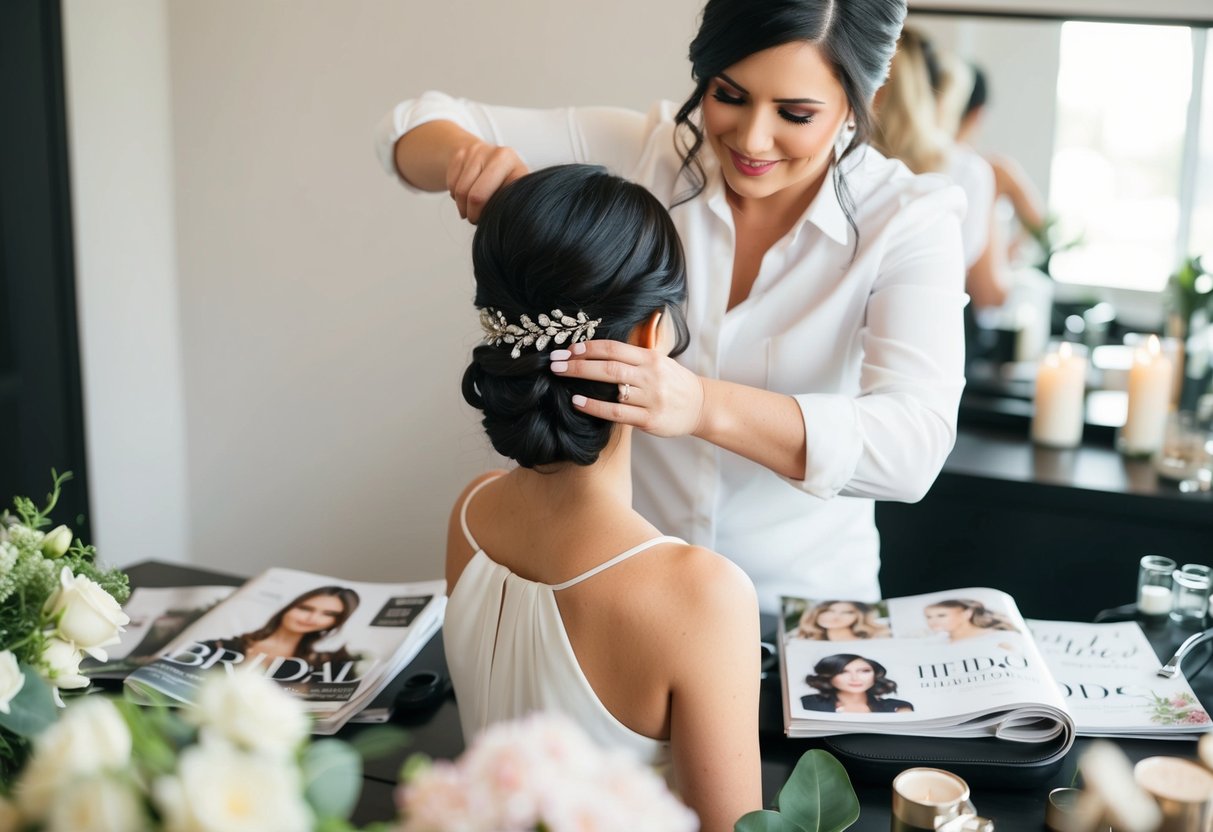 A hairstylist working on an elegant updo, surrounded by bridal magazines and hair accessories