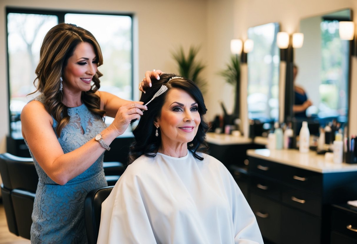 A mother of the bride sits in a salon chair, getting her hair styled and makeup done for the wedding