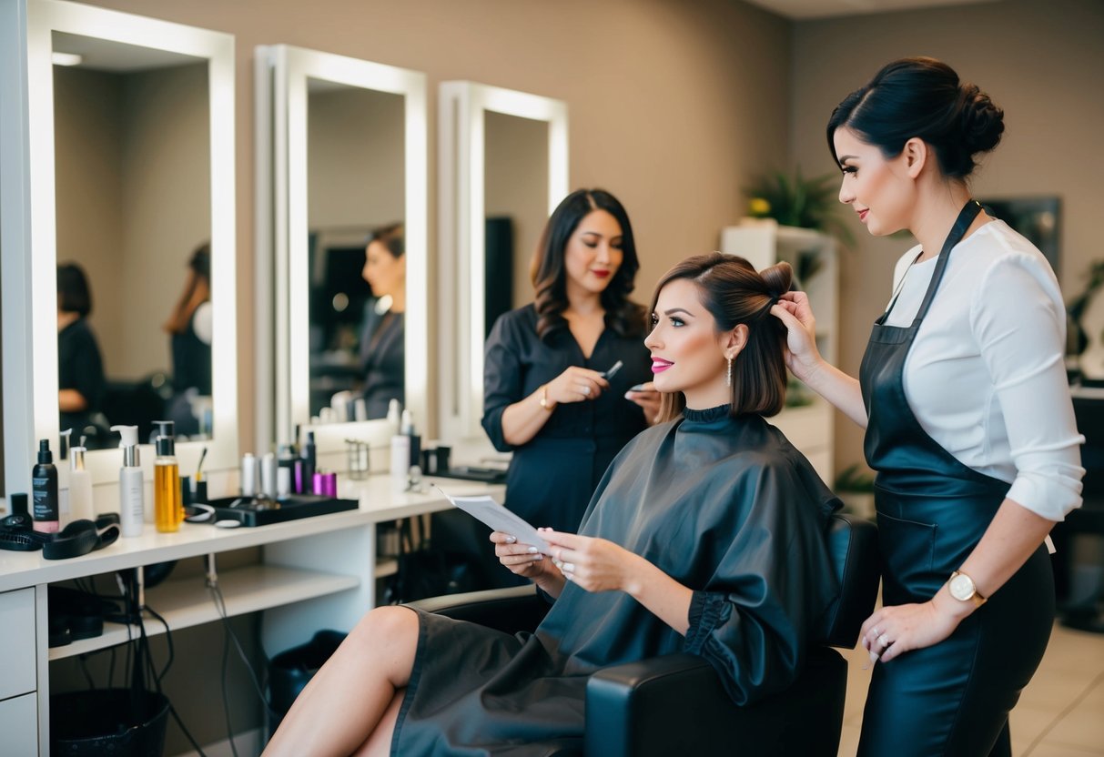 A woman sitting in a salon chair, surrounded by hairstyling tools and products, discussing wedding beauty budget with a stylist