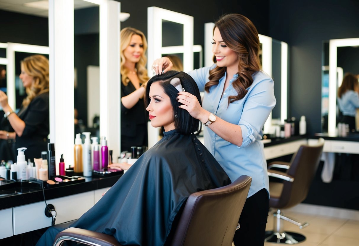 A woman sitting in a salon chair, surrounded by hairstyling and makeup products, while a stylist works on her hair and makeup