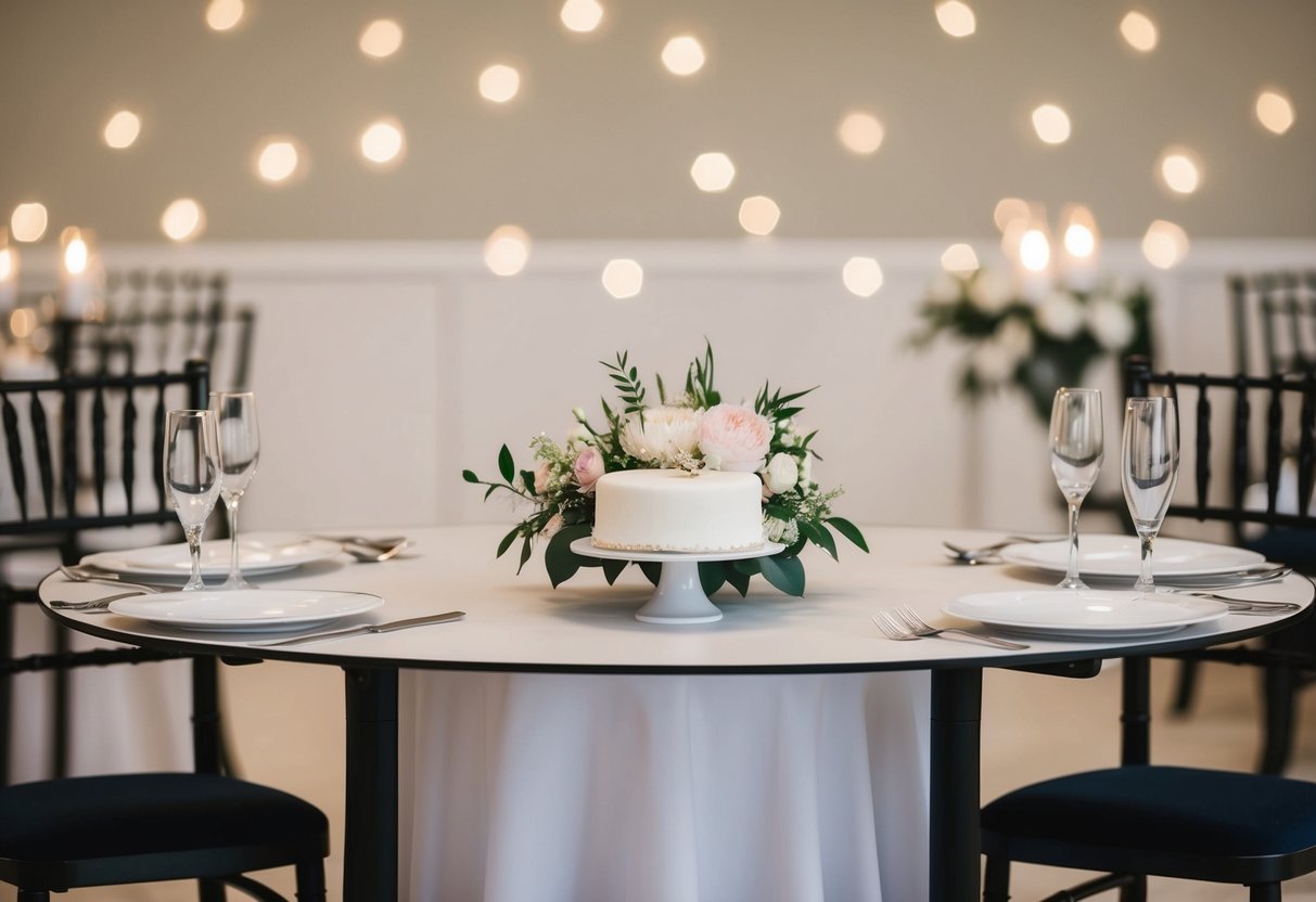 A table with a simple floral centerpiece, surrounded by a few chairs. A small wedding cake sits on a stand, with a few elegant place settings nearby