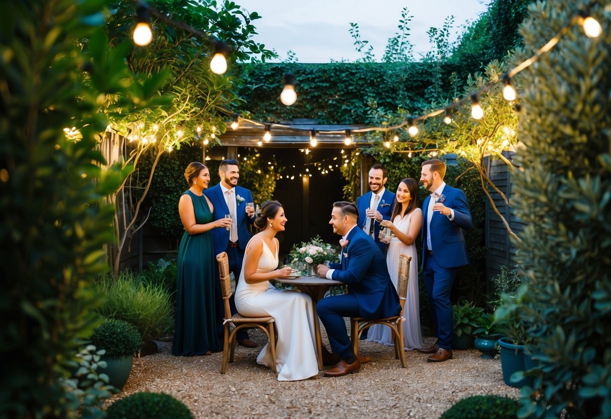A couple sits at a cozy table in a small, intimate garden, surrounded by lush greenery and twinkling lights, with a few close friends and family members celebrating their wedding