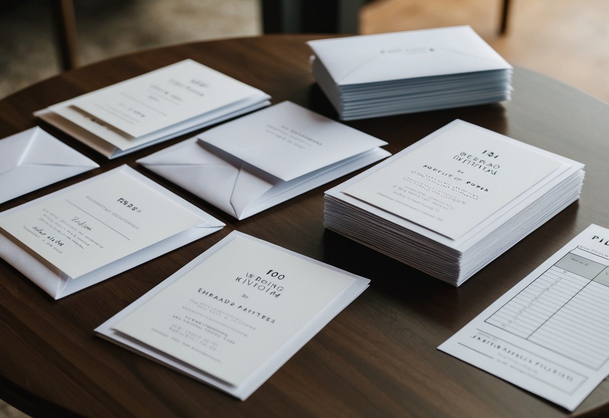 A table with 100 wedding invitations spread out, alongside a stack of envelopes and a pricing sheet
