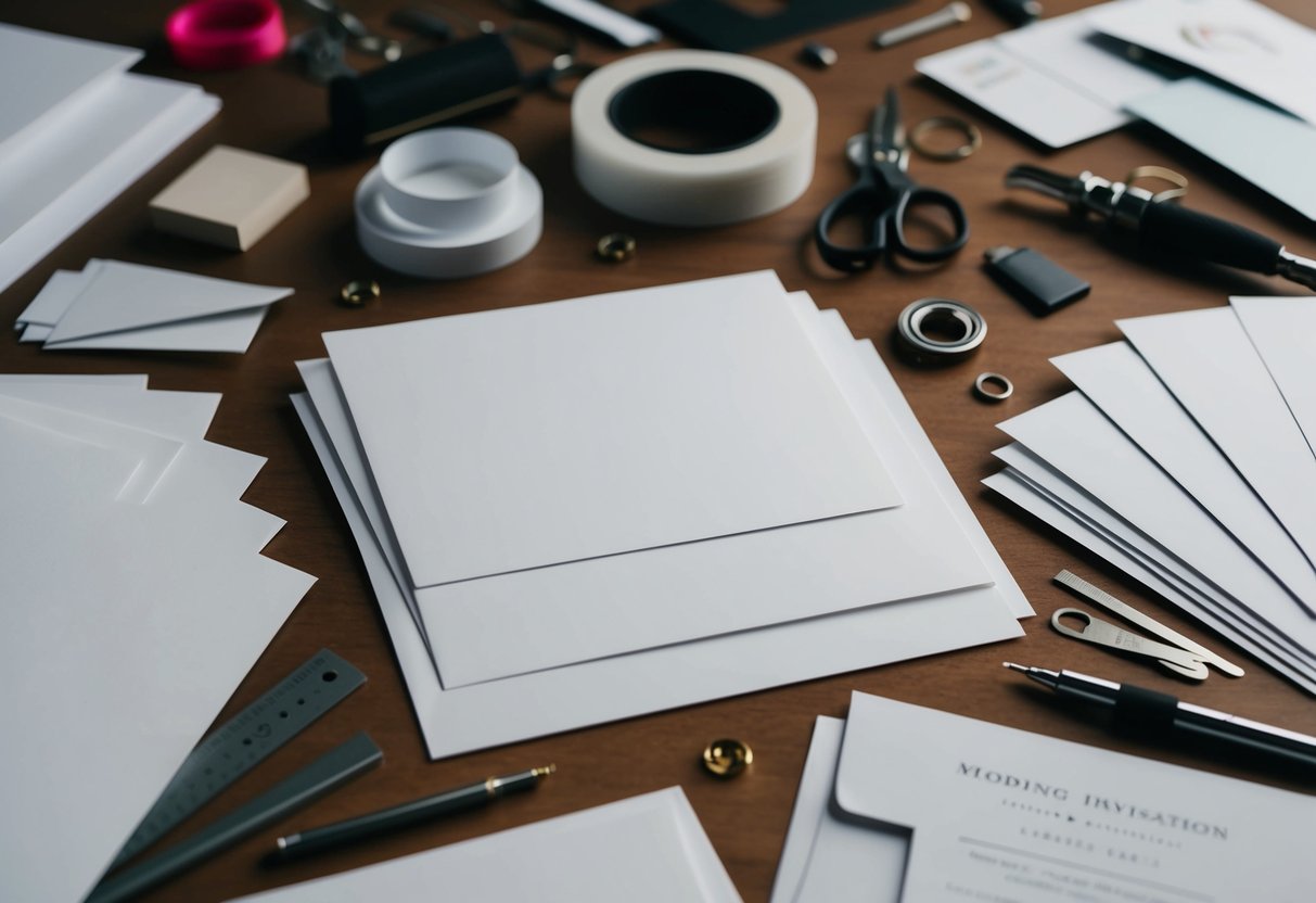 A table with 100 blank wedding invitation cards, surrounded by various design materials and tools