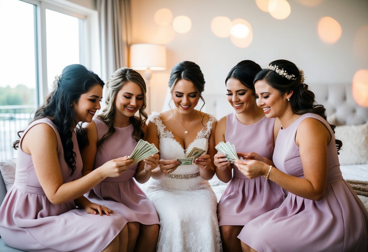 A group of bridesmaids pooling money for wedding expenses