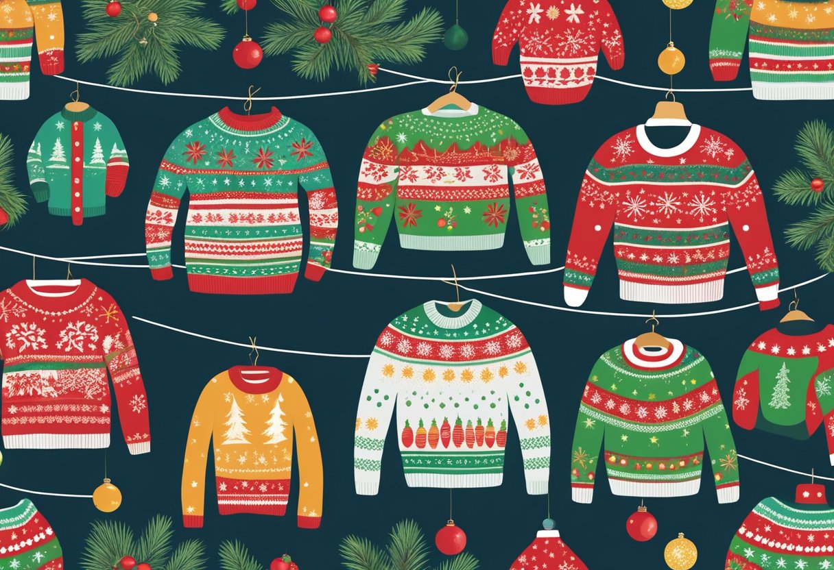 A group of festive, patterned Christmas sweaters hang on a clothesline, surrounded by twinkling lights and colorful ornaments