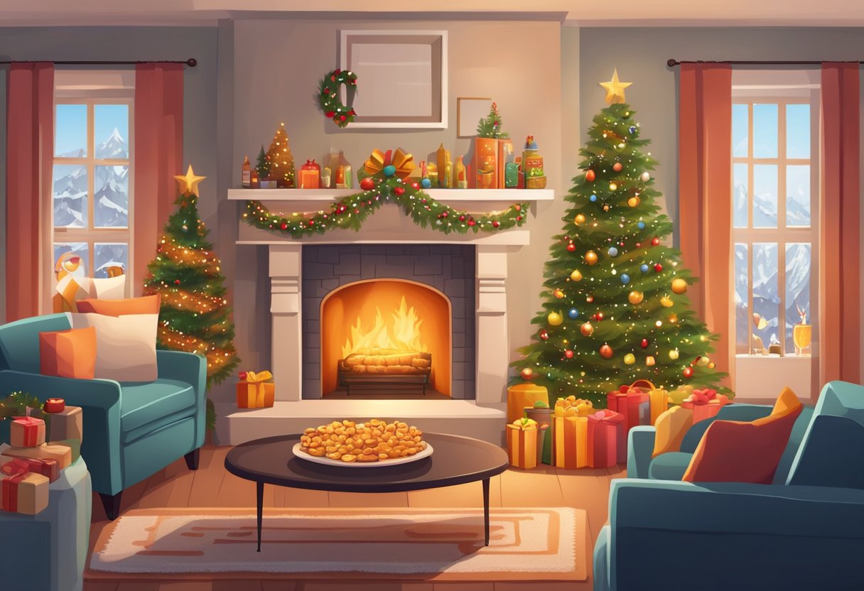 A cozy living room adorned with festive decorations and a brightly lit fireplace, with a table set with holiday-themed snacks and drinks