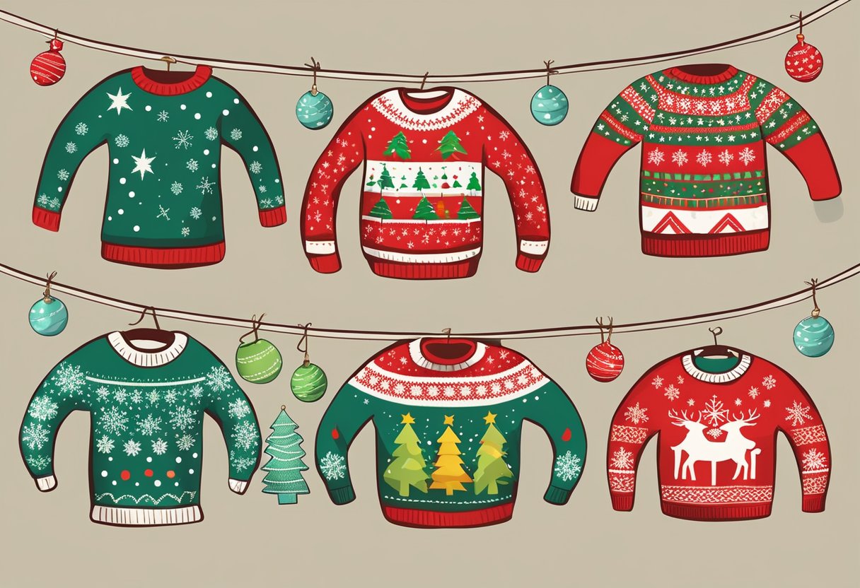 A group of festive, patterned ugly Christmas sweaters hanging on a clothesline, with twinkling string lights in the background