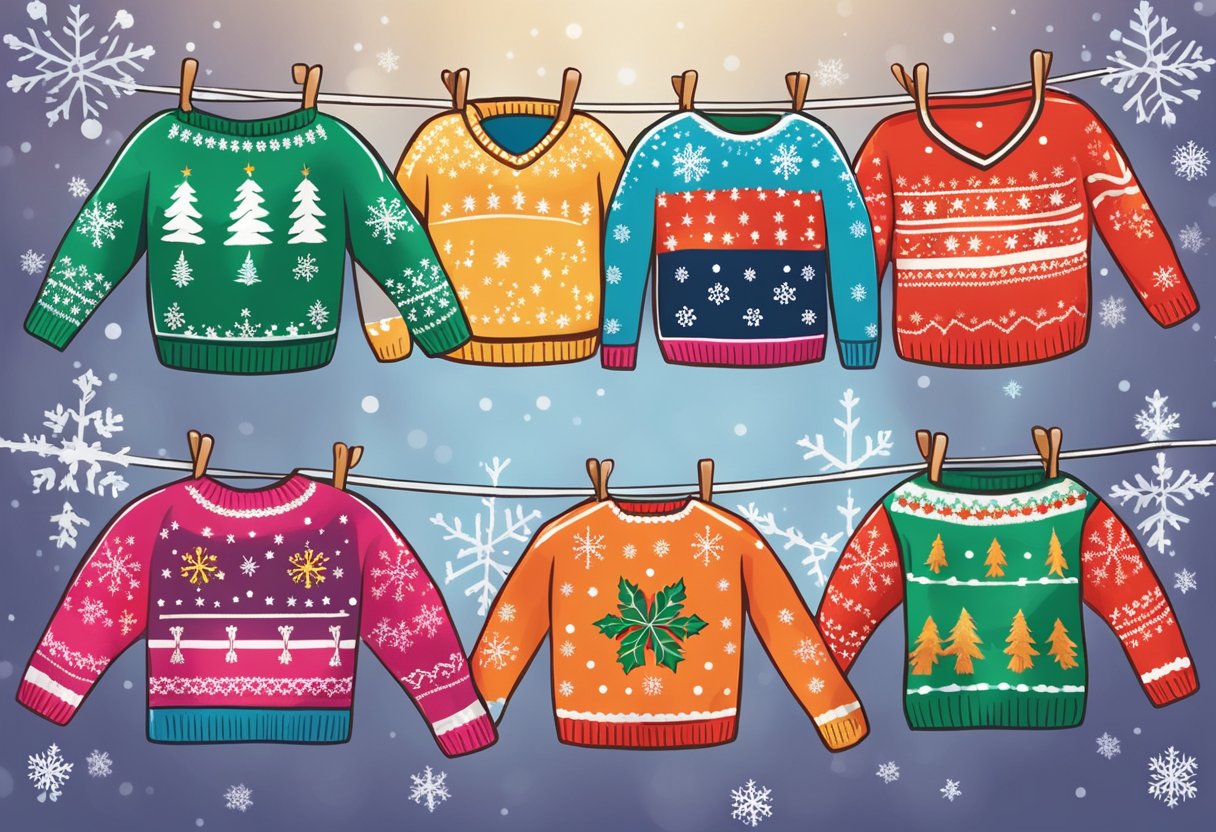 A group of festive, brightly colored ugly Christmas sweaters hanging on a clothesline with twinkling lights and snowflakes in the background