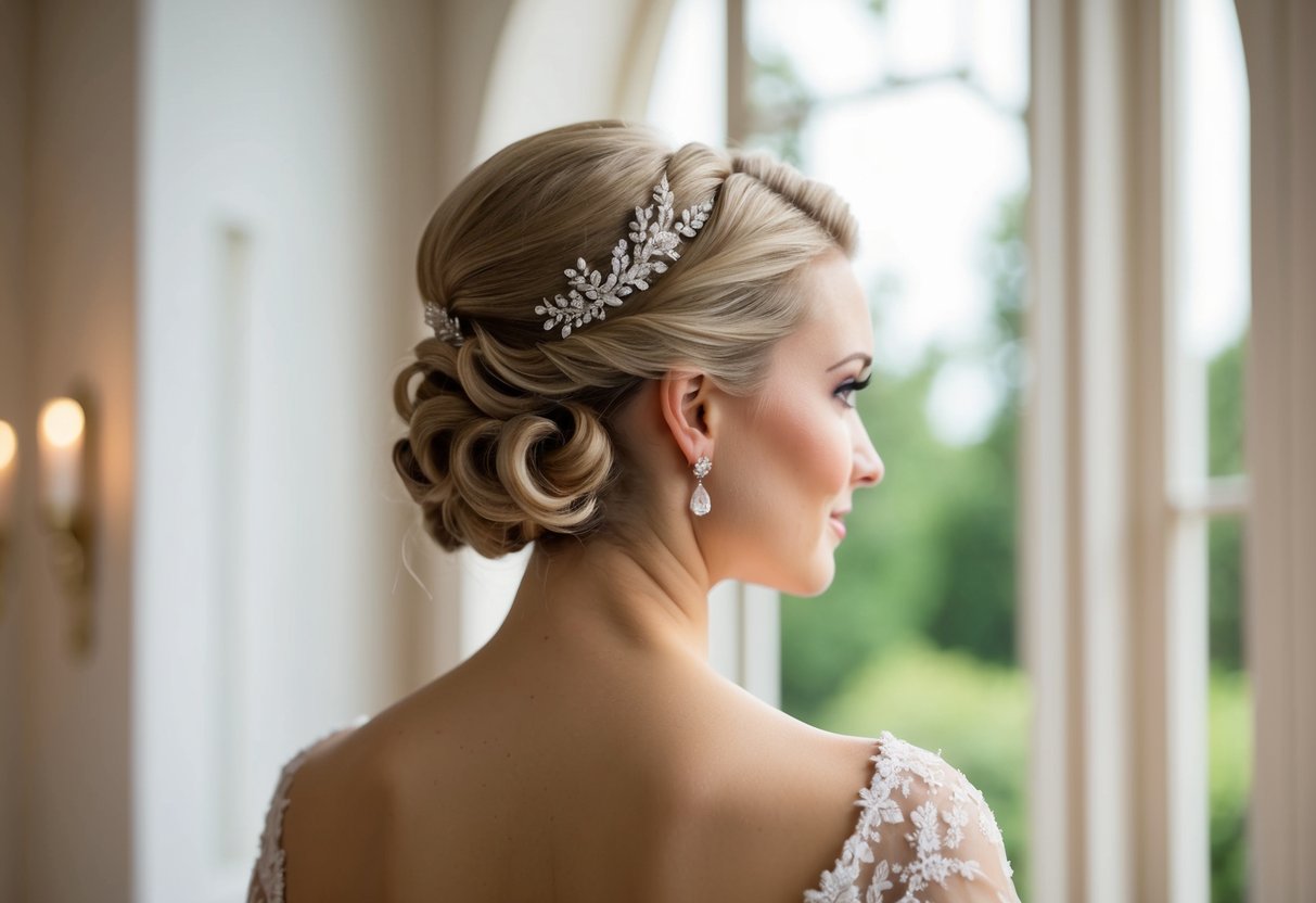A woman's elegant hairstyle for a wedding, with curls and a delicate hair accessory