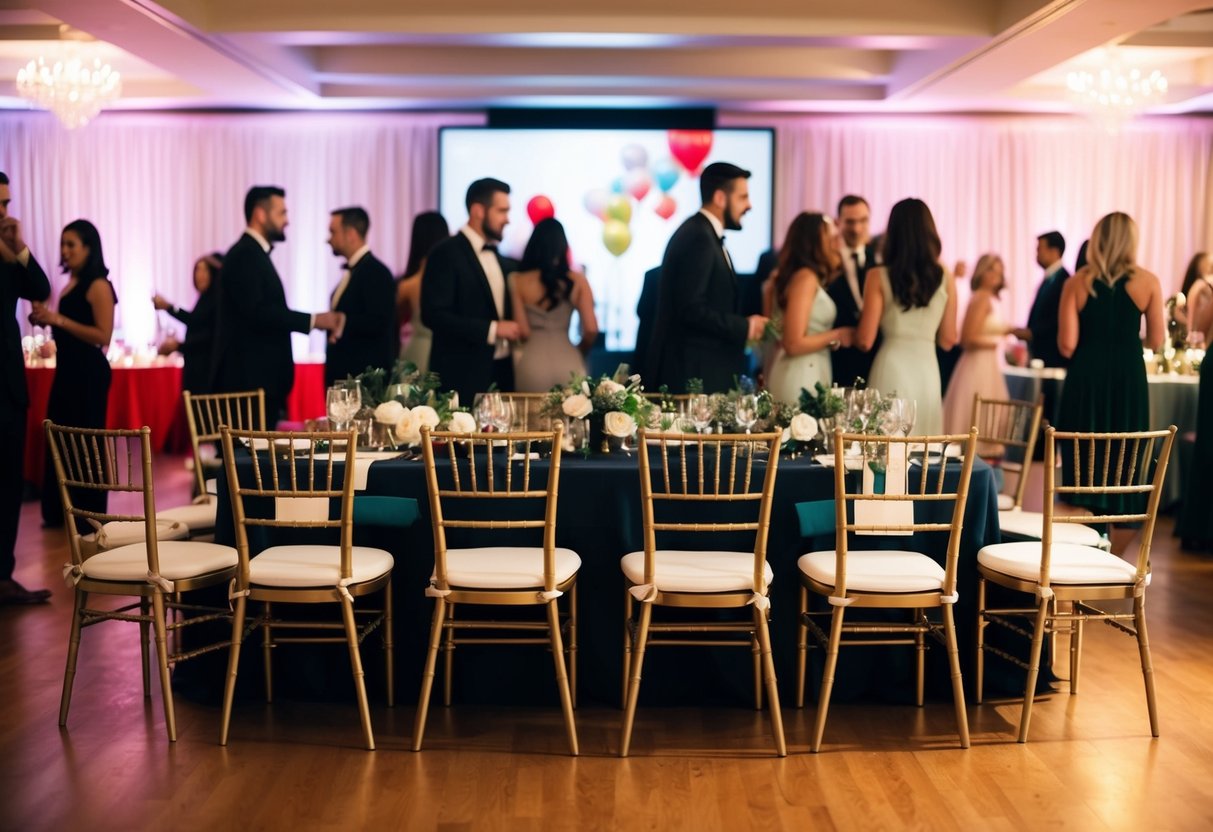 A group of empty and filled party chairs, with some guests arriving and others not