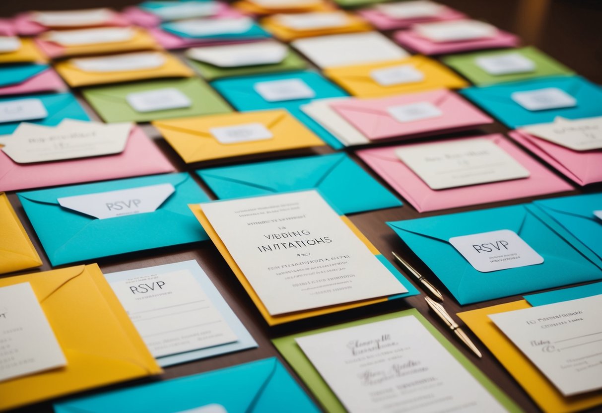 A colorful array of wedding invitations, some open and scattered, with a few RSVP cards indicating attendance