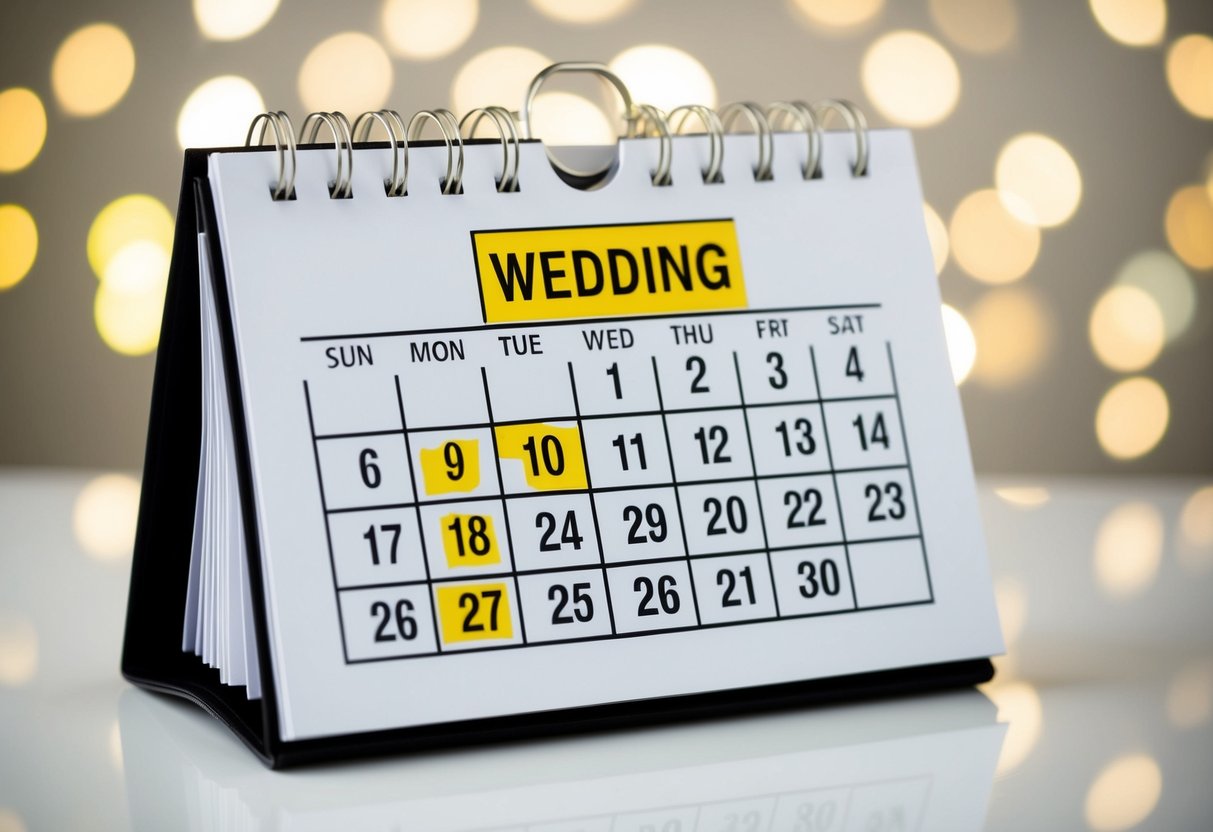 A calendar with a highlighted date for the wedding and a deadline for RSVPs