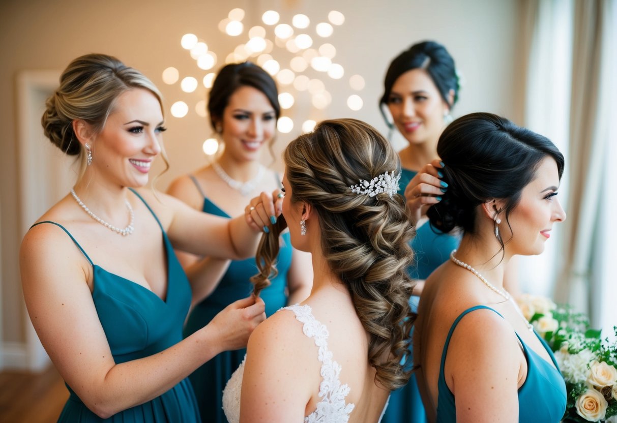 Bridesmaids styling their own hair for a wedding