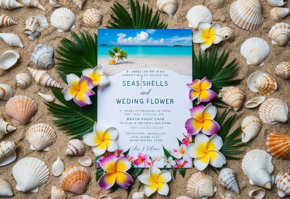 A beach wedding invitation surrounded by seashells and tropical flowers