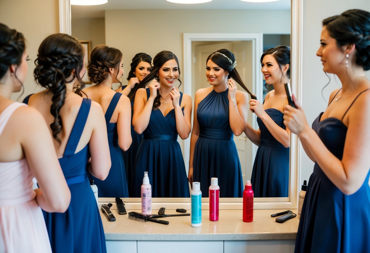 A group of bridesmaids standing in front of a mirror, each doing their own hair in different styles. A few hair tools and products are scattered on the counter