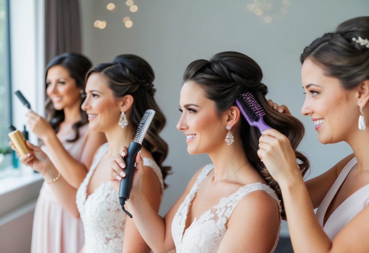 Bridesmaids styling their own hair for a special occasion, using various hair tools and products