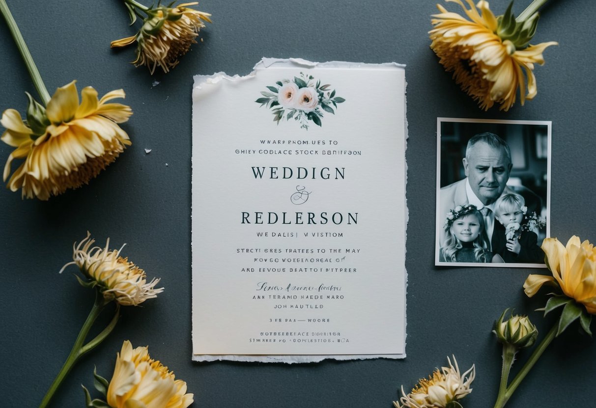 A wedding invitation with a torn edge, surrounded by wilted flowers and a frowning family portrait
