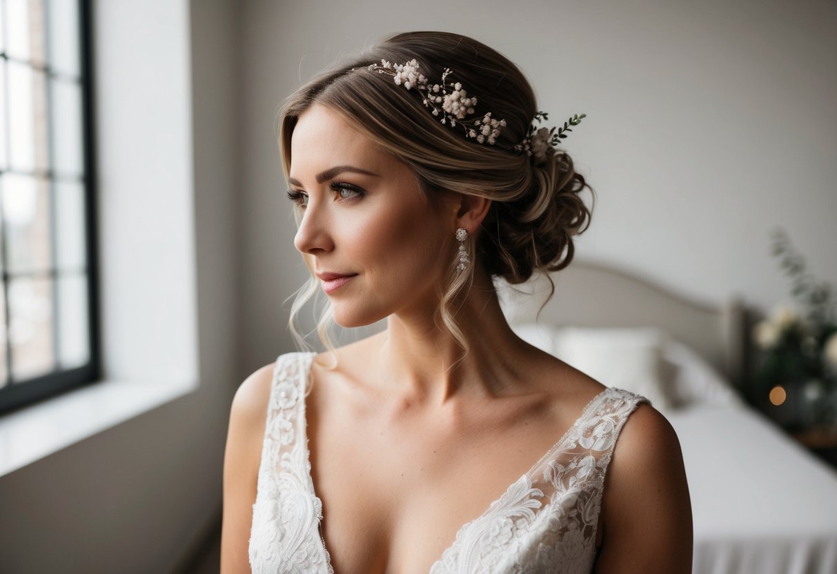A woman in a v-neck bridal dress with a loose, romantic updo and delicate floral hair accessories