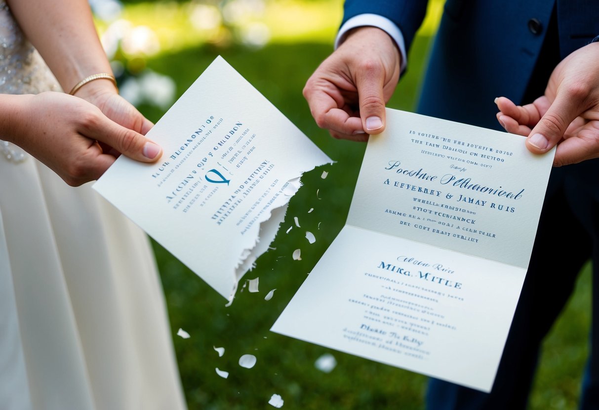 A wedding invitation being torn in half, with one half being thrown away while the other half is being held by the couple