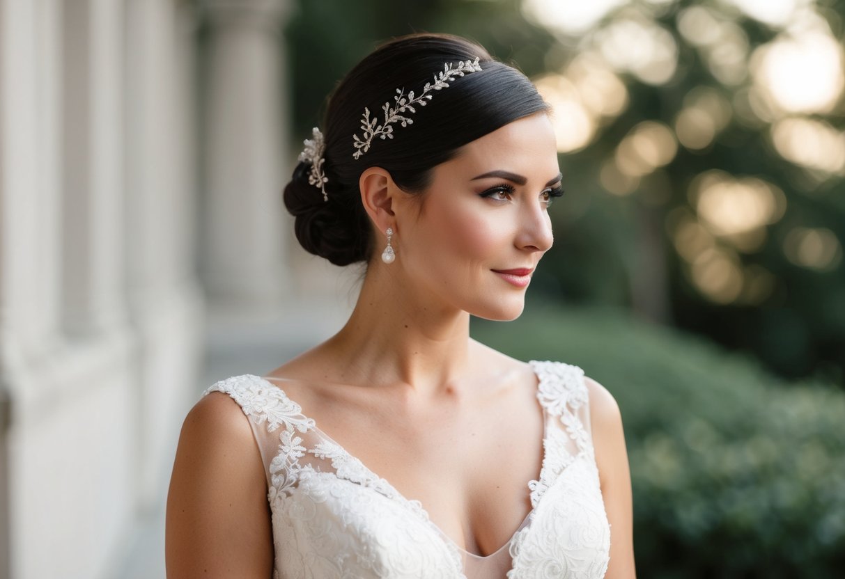 A bride with a v-neck dress wearing a sleek low bun with delicate hair accessories