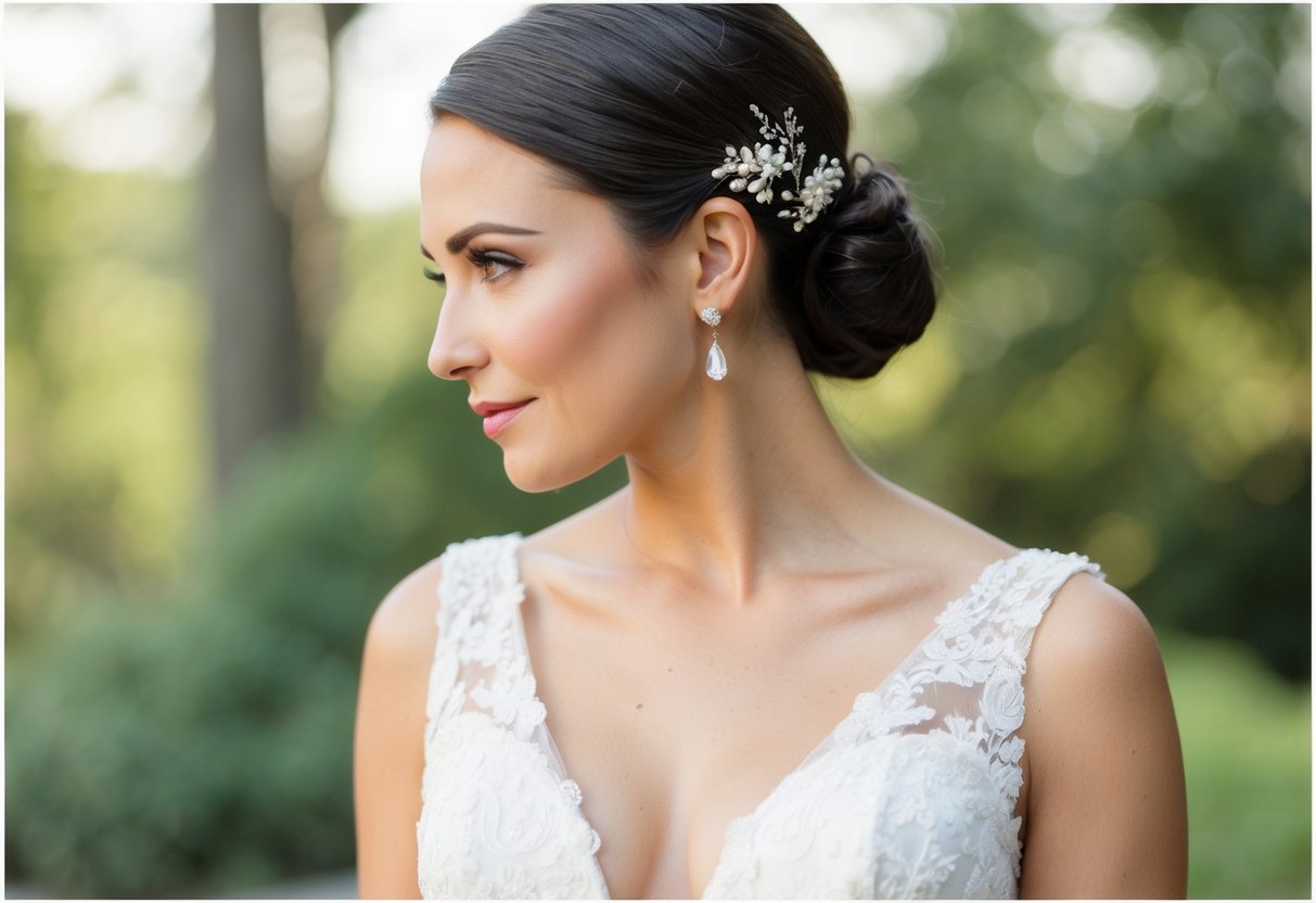 A bride wearing a v-neck bridal dress with a sleek low bun hairstyle, adorned with delicate floral hair pins
