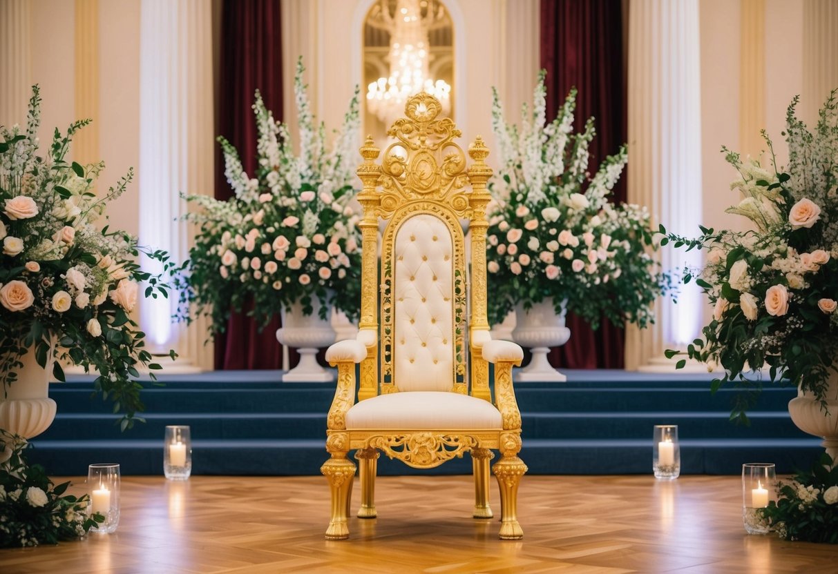 A regal golden throne sits at the center of a grand ballroom, adorned with lush floral arrangements and sparkling crystals