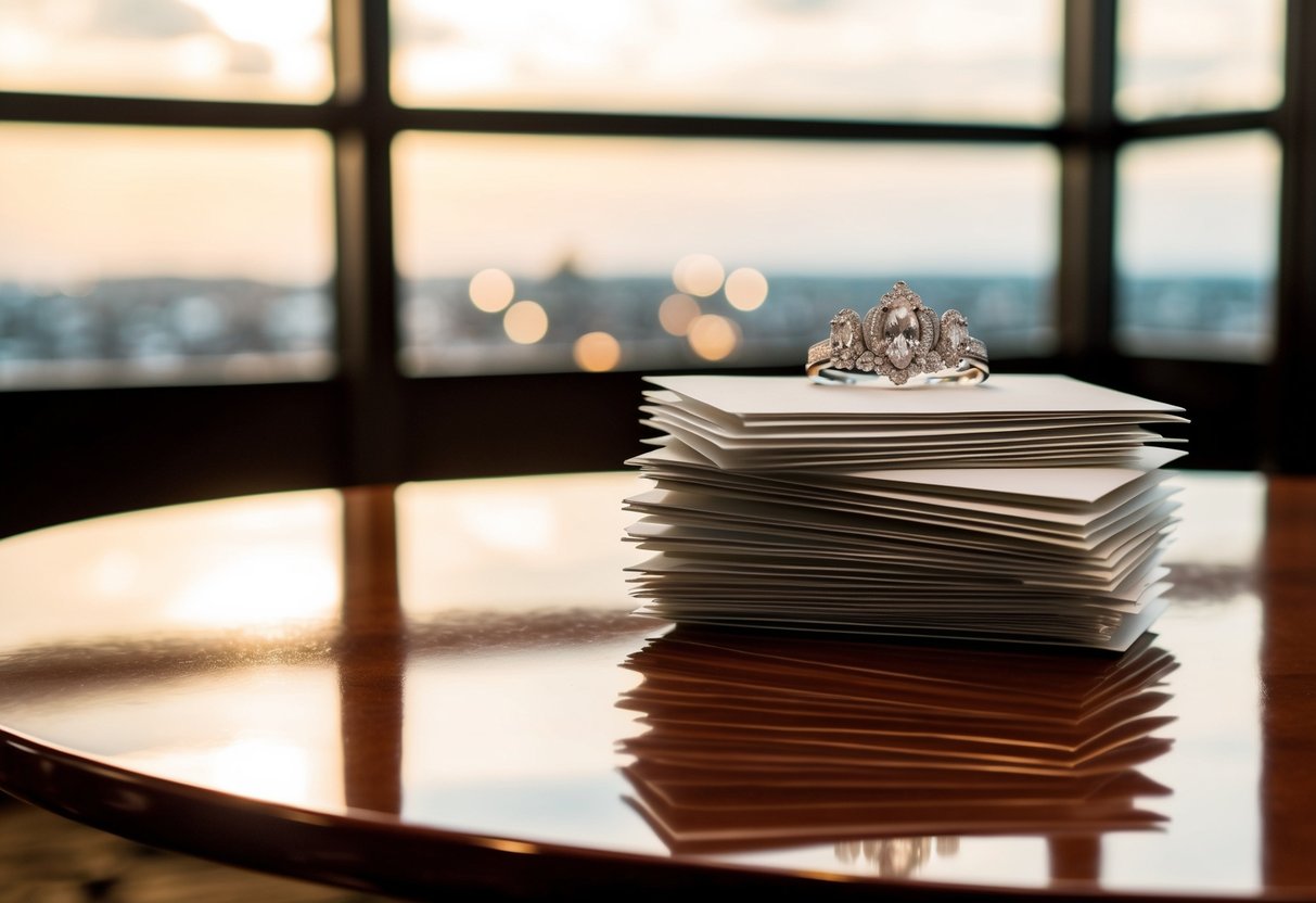 A stack of elegant wedding invitations on a polished wooden table